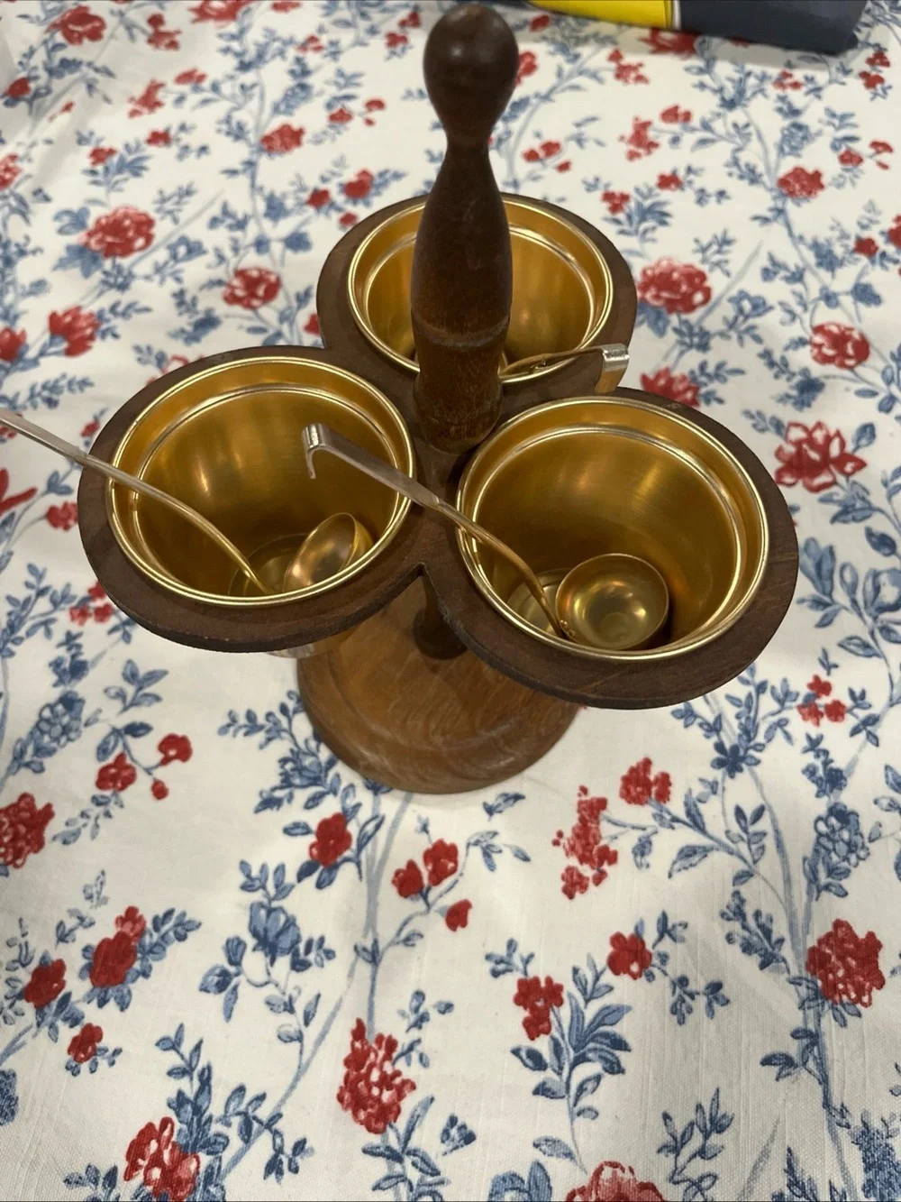 Vintage, Mid-Century Modern Wooden Condiment Holder with Gold Bowls & Ladles
